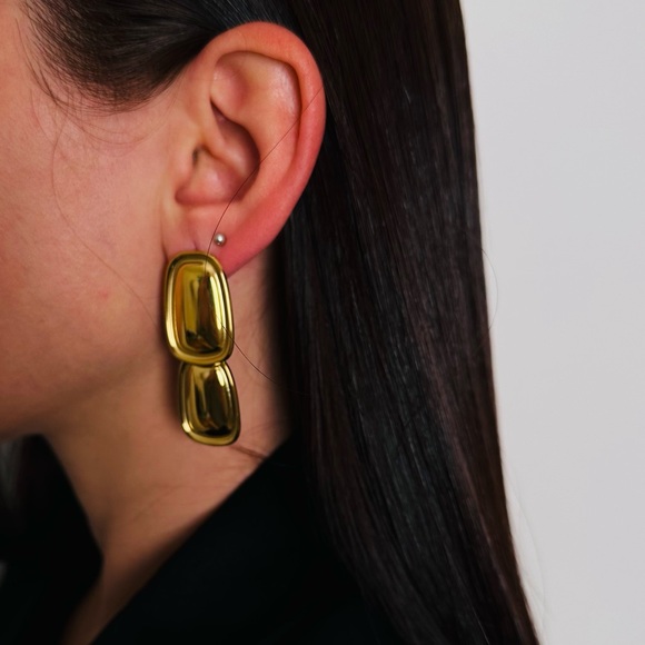 New Smooth Glossy Geometric Rectangle Pendant Earrings Gold Statement - Picture 4 of 9